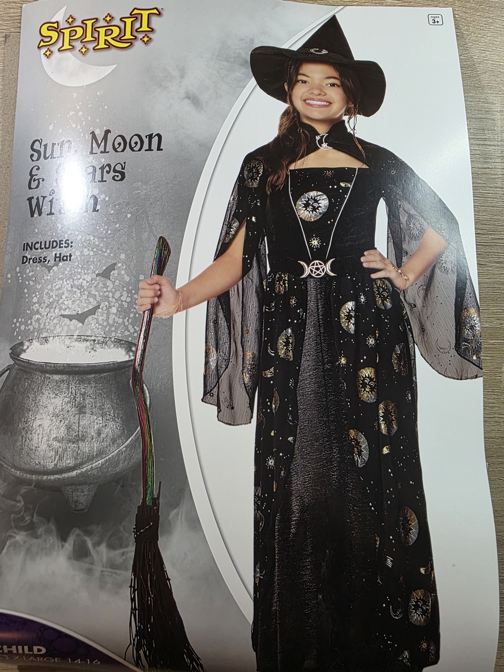 Spirit Black & Gold Sun, Moon & Stars Witch Costume for Kids Size 14-16